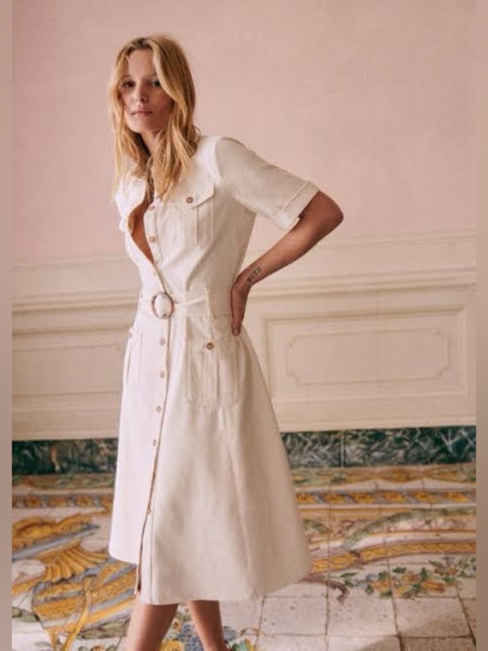 Sezane Raquel Mottled Ecru Button-Front Midi Cotton Shirt Dress FR 46 US 14